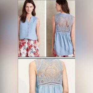 Anthropologie Holding Horses Chambray & Crochet Back Top Size 4